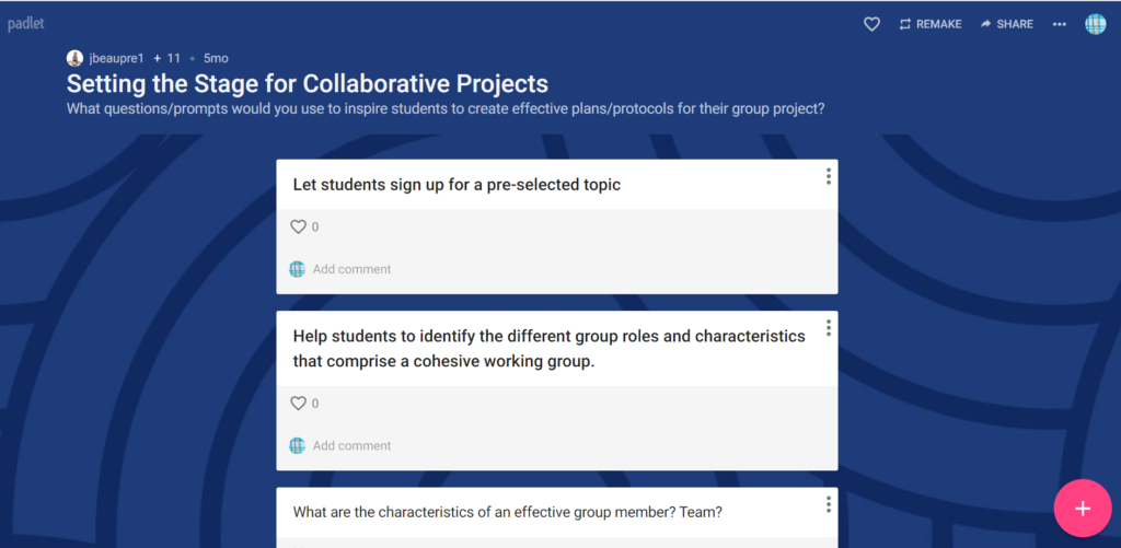 Padlet with title setting the stage for collaborative projects.