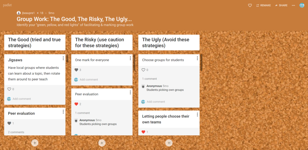 Padlet screen saying Group work: the good, the risky, the ugly.