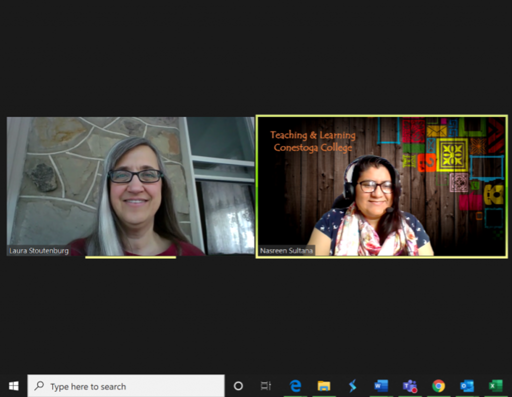 Screenshot of Zoom meeting. Laura Stoutenburg, Nasreem Sultana.