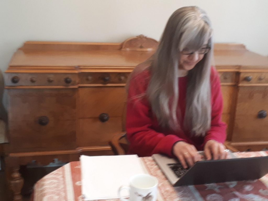 Laura Stoutenburg sits at a table typing on a laptop