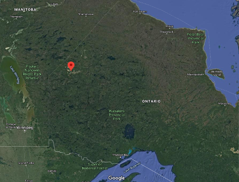 Map of Ontario, pin indicating Sandy Lake