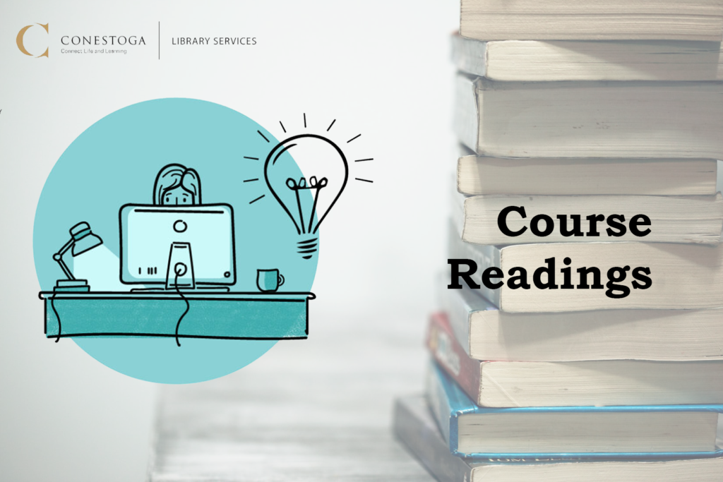 Sketch of a person behind a computer at a desk with a light bulb near her head, and an out of focus stack of books in the background. Course readings.