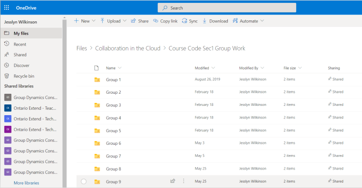 OneDrive showing a folder set up with individual spaces for student groups to work and collaborate.