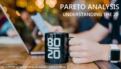 Title : Pareto Analysis and Understanding the 20.     Photo is of a person at a laptop with one hand holding a black mug with the number 80 over 20.   The second line of the title begins the understanding the critical value of 20.  Attribution information reads: 80/20 photo by Austin Distel is licensed under CC-BY-SA