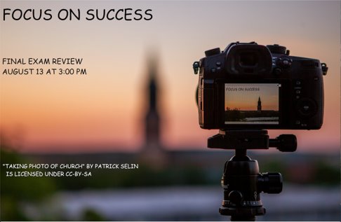 A picture with a camera on a tripod, with a digital window showing in focus the background, a church spire which is out of focus. The text on the image says Focus on Success Final exam review August 13 at 3:00pm Attribution information: "Taking photo of Church" by Patrick Selin is licensed under CC-BY-SA