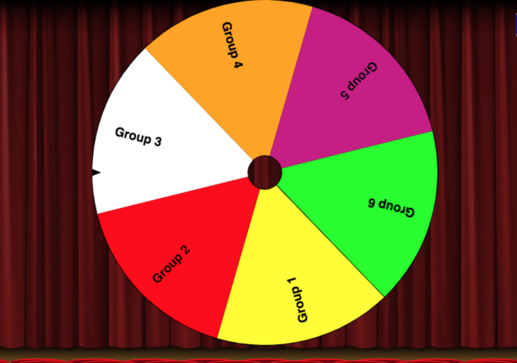 A colourful wheel for selecting groups. A red curtain behind the wheel, which has Groups 1 to 7 inputed as possible selections.