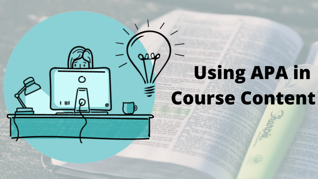 Library Services. Drawing of a woman behind a computer with a light bulb. Using APA @ Conestoga