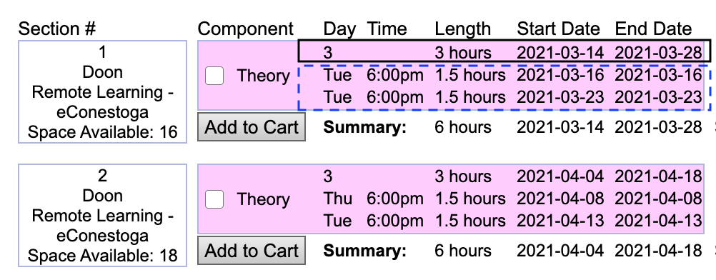 Course information in the student portal, with highlighted sections that feature the details of the synchronous and asynchronous course dates and times.