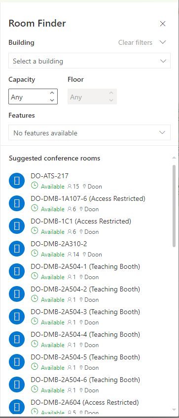 Room Finder in Outlook, with a list of all rooms, several of which are allocated as Teaching Booths after the room name,