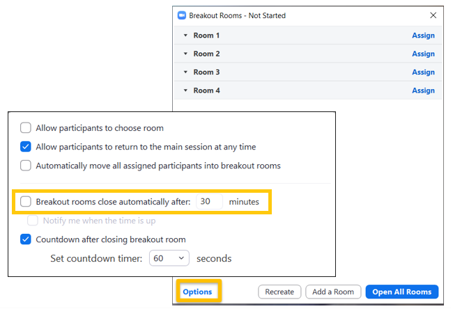 In Zoom, the Breakout Room window is open, showing 4 rooms preconfigured. The Options menu is selected, and the option to set breakout rooms to close automatically is set to 30 minutes.