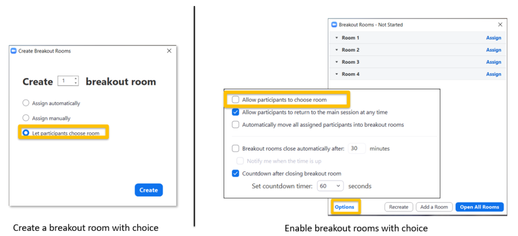 Create breakout rooms with room choice in the main breakout room window, or enable breakout rooms with choice in the options menu when rooms are already created.