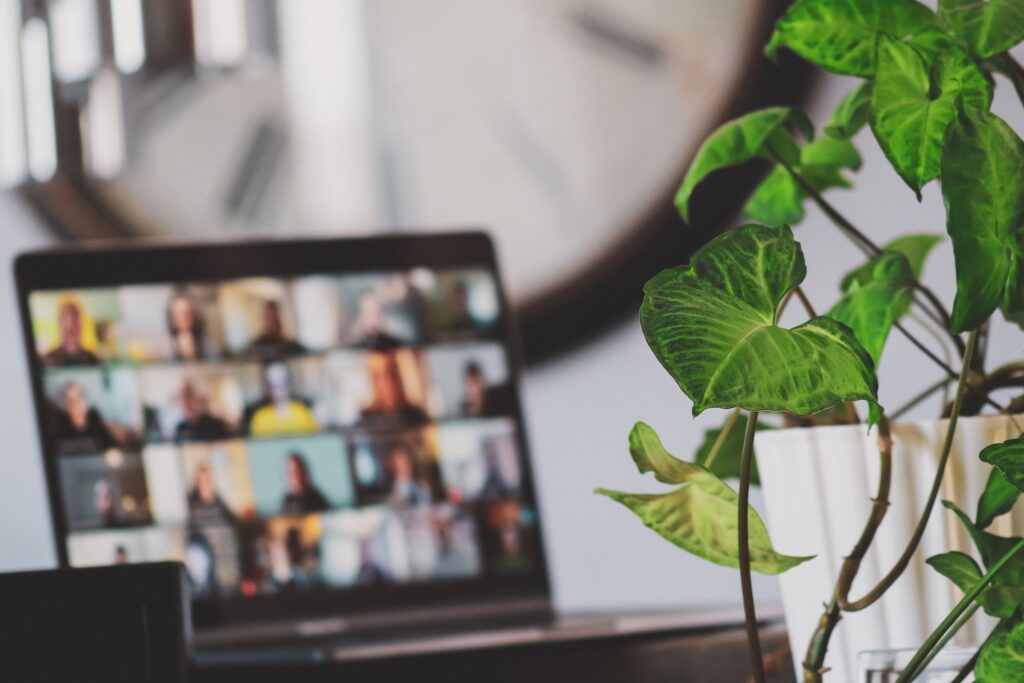 Photo of laptop on a table with an open videocall online. Next to the laptop is a green plant in a vase and a mug.