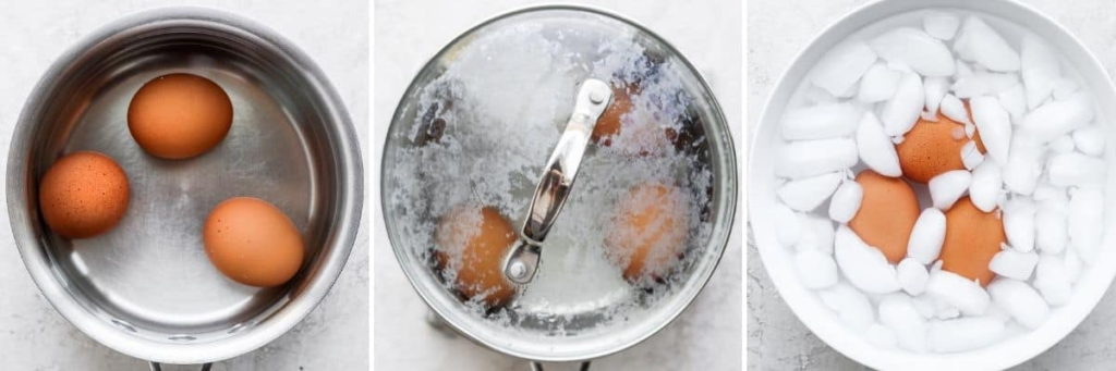 Three images in sequence. The first is 3 eggs in a pot with water. The second is the same pot with three eggs in it immerse in boiling water with the lid on the pot. The third is the three eggs immerse in a bowl of ice cubes.