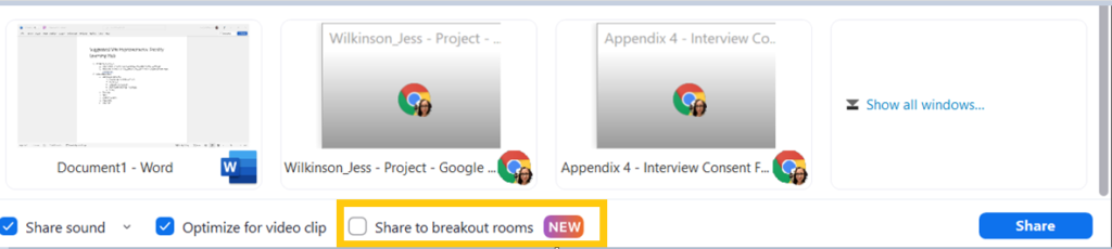 The share to breakout rooms option follows the share sound and optimize for video clip options.