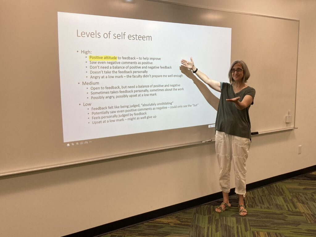 Photograph of an instructor standing in front of a projector displaying a slide related to different levels of self-esteem