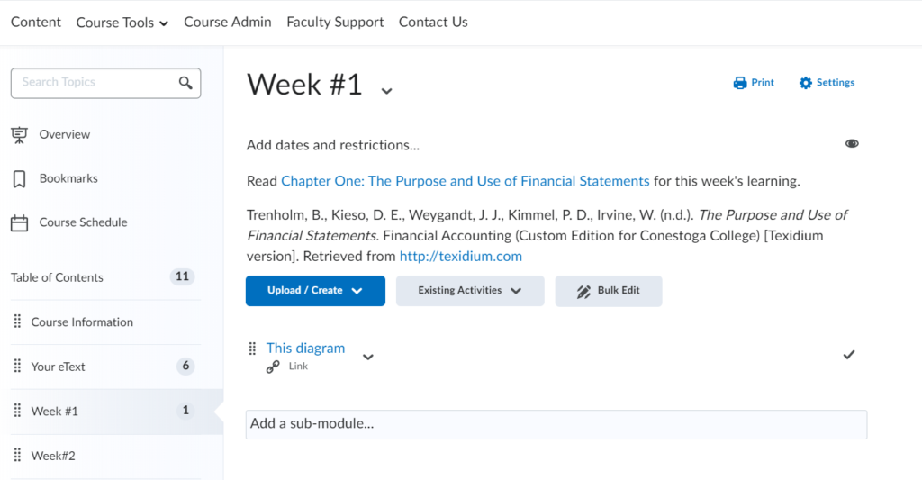 An example course with the weekly reading added to the weekly module description, and a diagram linked in the course content.