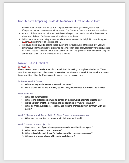Five steps to preparing students to answer questions next class handout