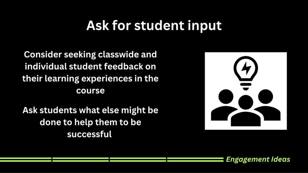 Consider seeking classwide and individual student feedback on their learning experiences in the course Ask students what else might be done to help them to be successful