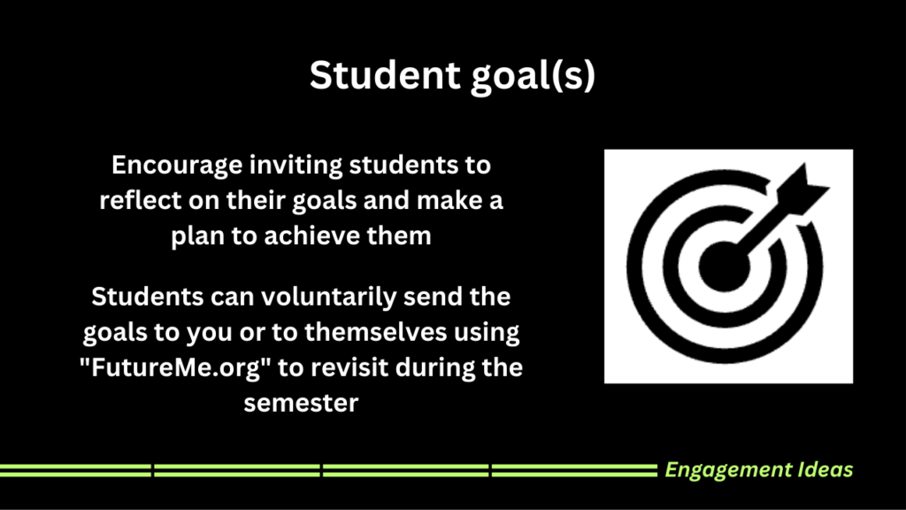 Encourage inviting students to reflect on their goals and make a plan to achieve them Students can voluntarily send the goals to you or to themselves using "FutureMe.org" to revisit during the semester