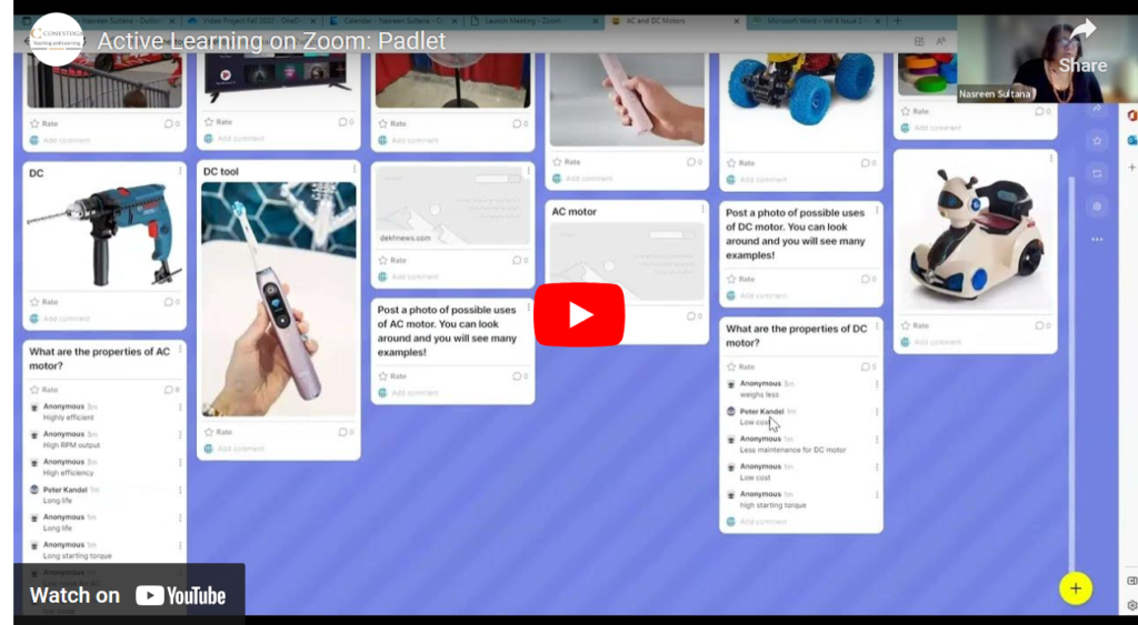A youtube preview titled Active Learning on Zoom: Padlet.
