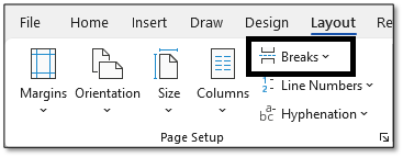 Layout menu in Microsoft Word, highlighting the Breaks button. 