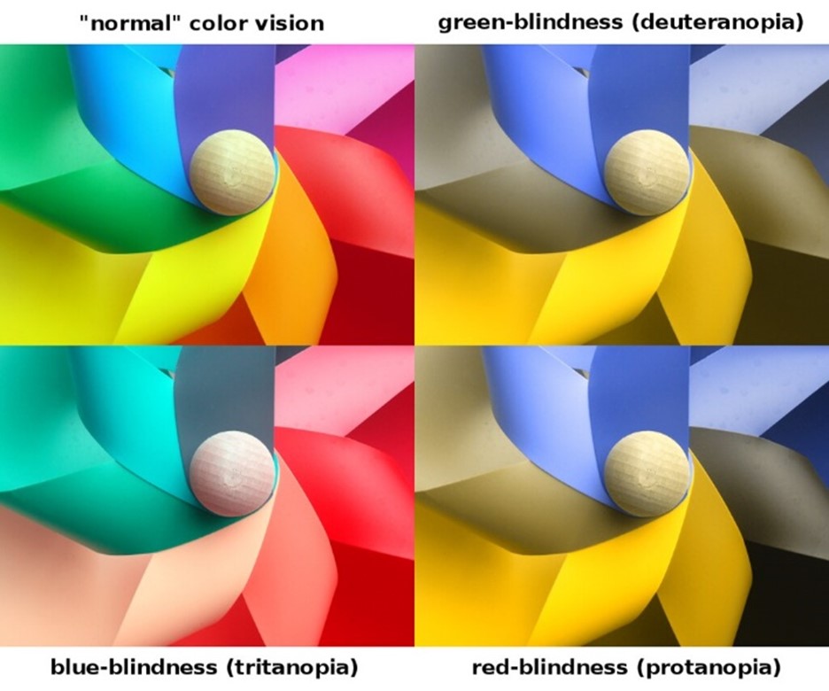 Different manifestations of colour blindness through colour swirls, which are used for comparison. 