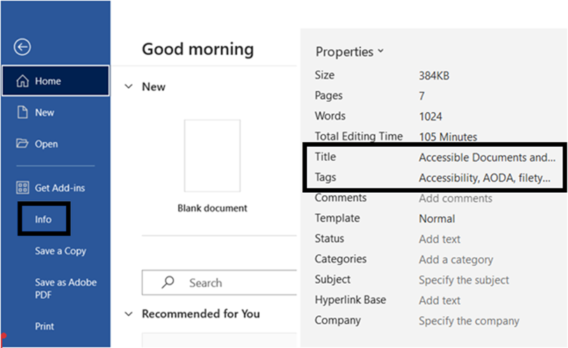 Screenshot of Microsoft Word, displaying the home menu in the left sidebar. Highlighted are the title and tags for a document.