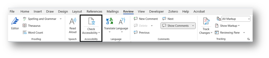 Screenshot of Microsoft Word, displaying the review menu in the top navigation bar. Highlighted is the Check Accessibility option. 