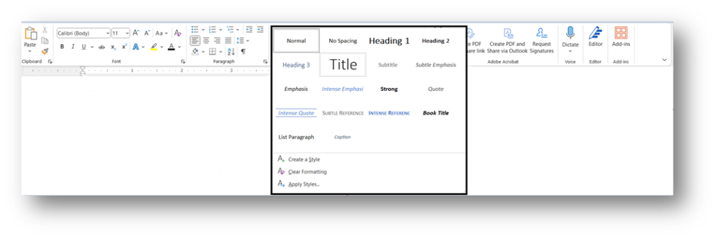 In the Home bar in Microsoft Word, the Styles section.