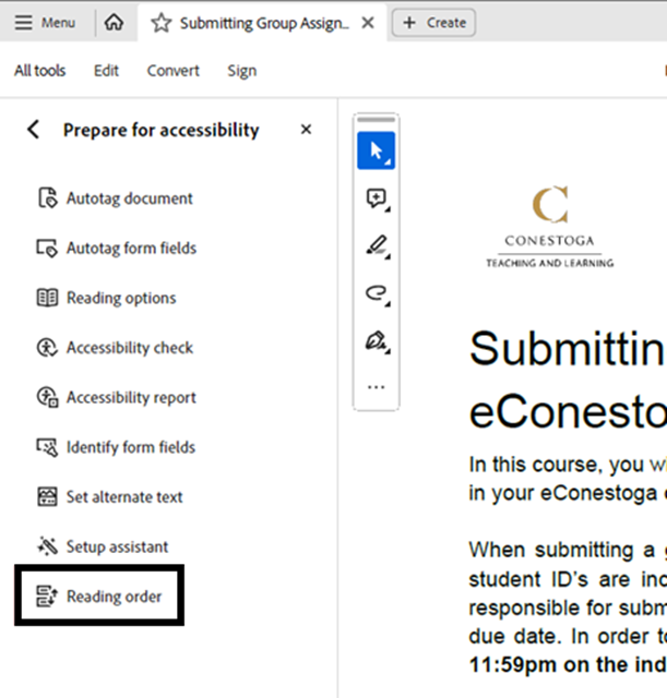 The Reading Order button in Adobe Acrobat, listed under the options shown by clicking Prepare for Accessibility in the left navigation bar. 