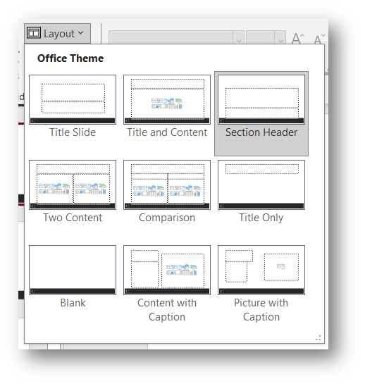 Powerpoint Layout option, showing various organizations of text and graphics.