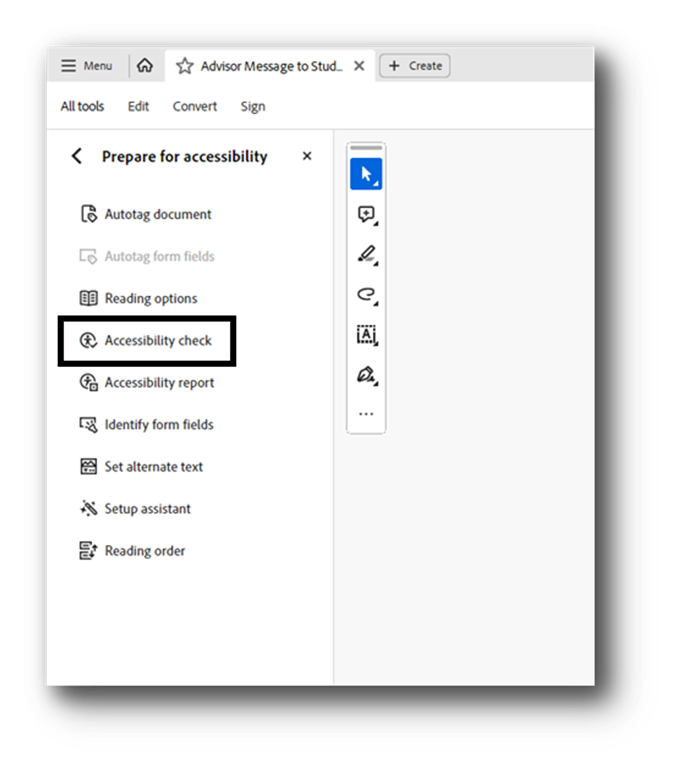 Accessibility Check button found in the Prepare for Accessibility sidebar in Adobe Acrobat. 