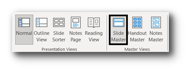 Powerpoint Slide Master button, found under the View tab in the Master Views section. 