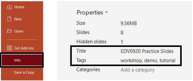 The Info tab within Powerpoint, found in the left navigation bar after clicking File. Highlighted are the Title and Tags sections. 