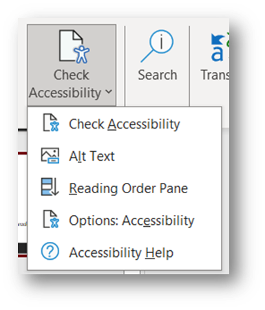 The Check Accessibility button, found under the Review tab in the top navigation bar of Powerpoint.