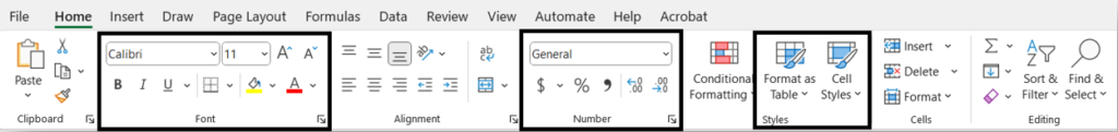 The Microsoft Excel navigation bar. Highlighted are the font, number, and styles regions. 