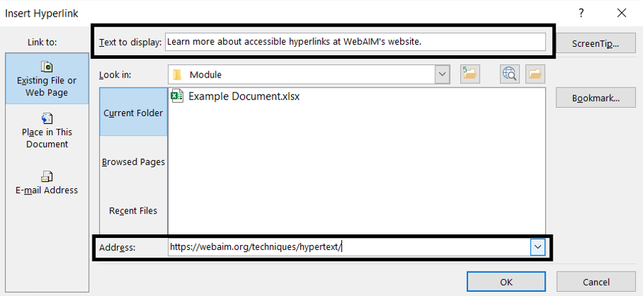 Microsoft Excel dialogue box to insert a hyperlink. Highlighted are the regions to indicate the displayed text, and the URL address that it will contain. 