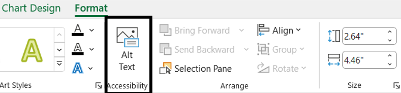 The Microsoft Excel Format tab, found in the top navigation bar. Highlighted is the Alt Text button. 