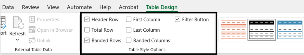 The Table Design tab in Microsoft Excel, found in the top navigation bar. Highlighted is the Table Style options section. 