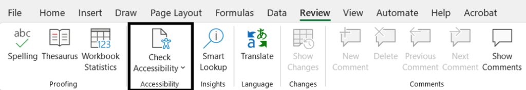 The Check Accessibility button, displayed in the Review tab of Microsoft Excel. 