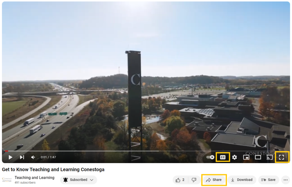 In Youtube, the Closed captioning and full screen mode are in the video player options. Use the share option to get the link or the embed code.