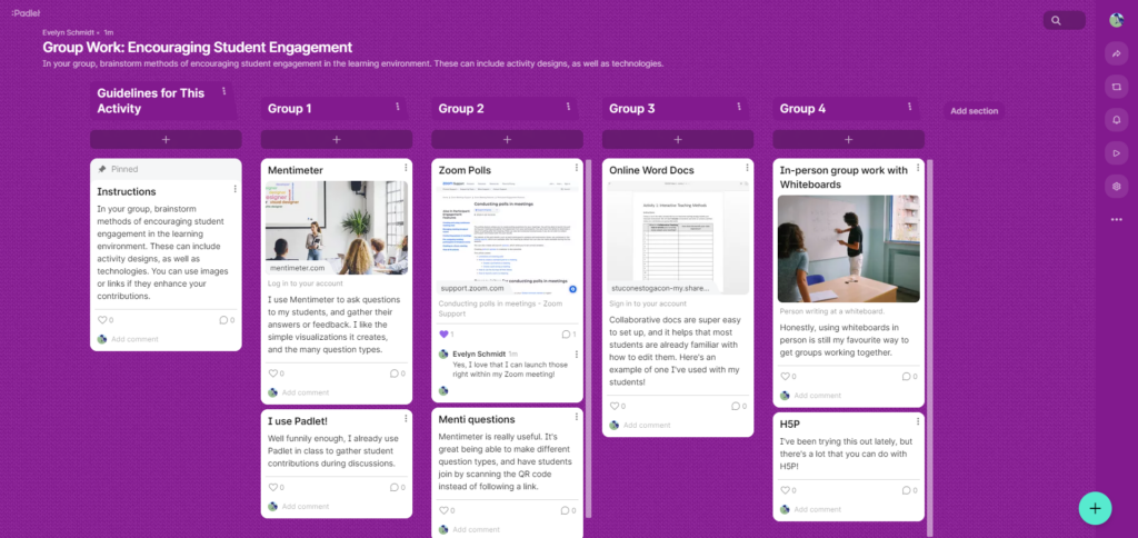 Padlet titled Group Work: Encouraging Student Engagement. Posts are organized into columns. 