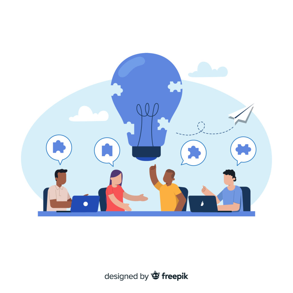 Cartoon of 4 students connecting ideas