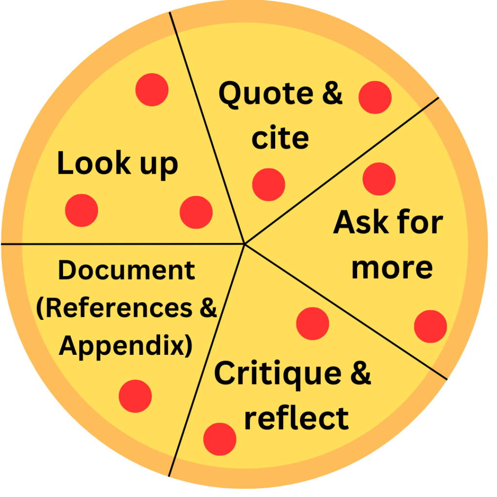 Pizza with 5 slices: Look up, Quote and cite, Ask for more, Critique and reflect, Document (references and appendix)