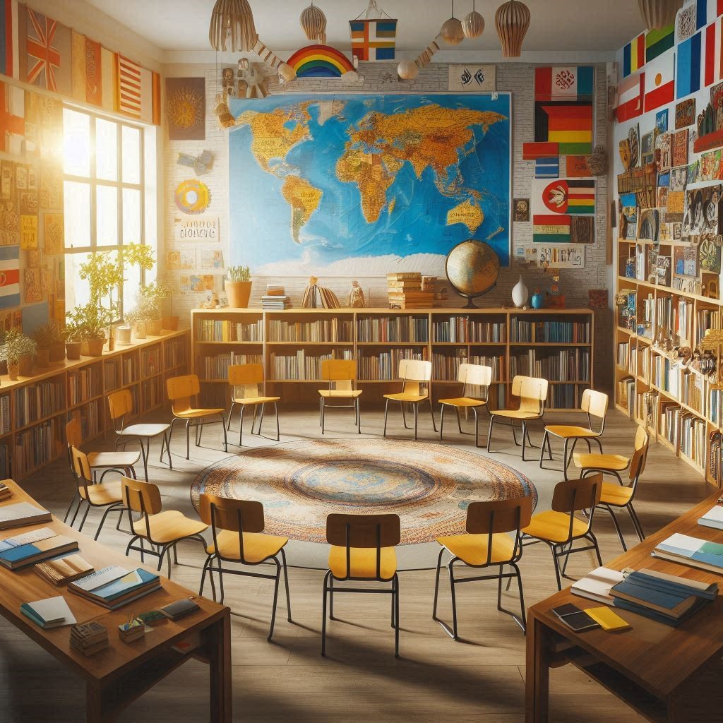 Empty classroom with maps and circle of chairs