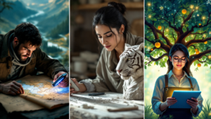 a man looking at a map, a woman carving a stone, a woman looking at an ipad with a tree behind her