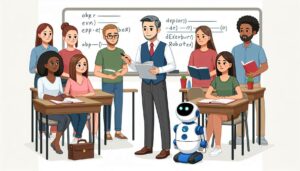 A drawing of adult students in a classroom around a male teacher, with a small robot on the floor assisting the teacher