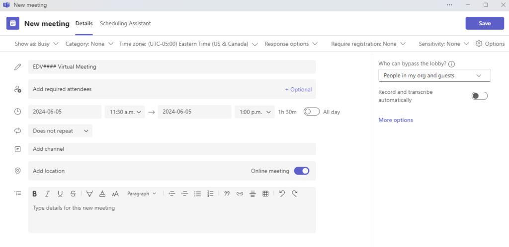 Microsoft Teams new meeting window, listing options for creating the meeting. 