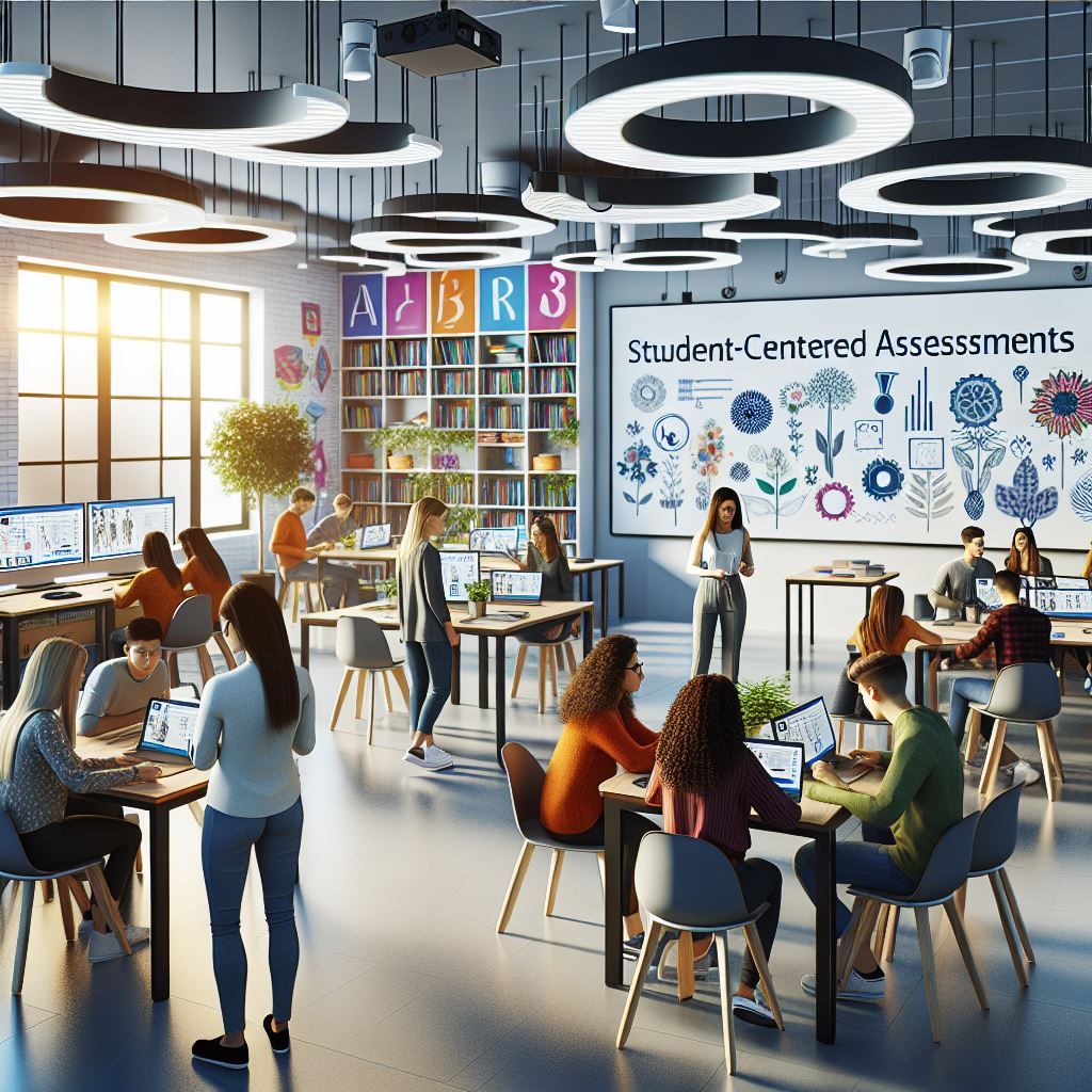 An image showing postsecondary students in the classroom with Student-centered Assessment written on the board.