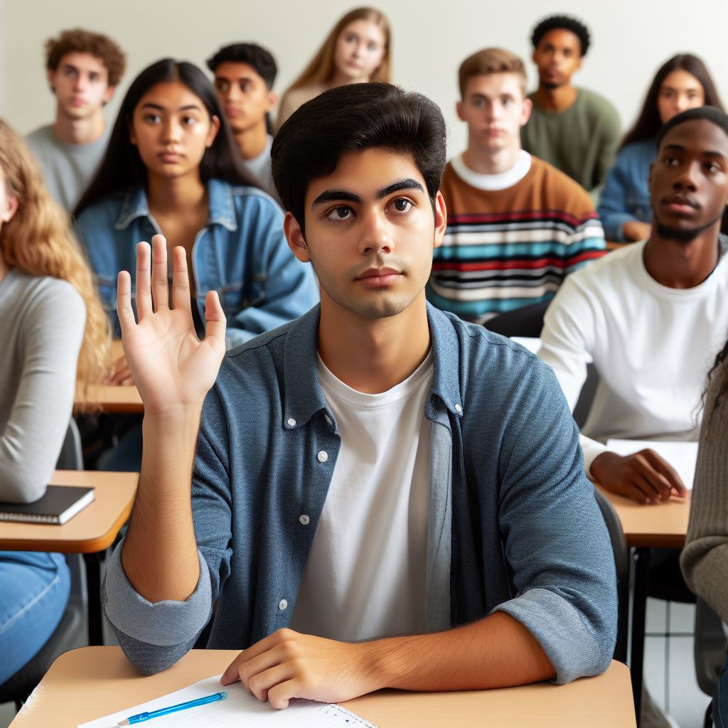 A college student hesitates to raise his hand in class